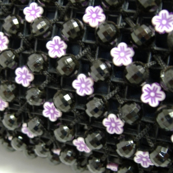 Black Fenghua Purse Pink Flower Beaded Tote Evening Handbag Silver Metal - Picture 6 of 8